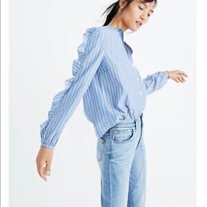 Madewell Button Down Shirt XS Blue Striped Frill Sleeve